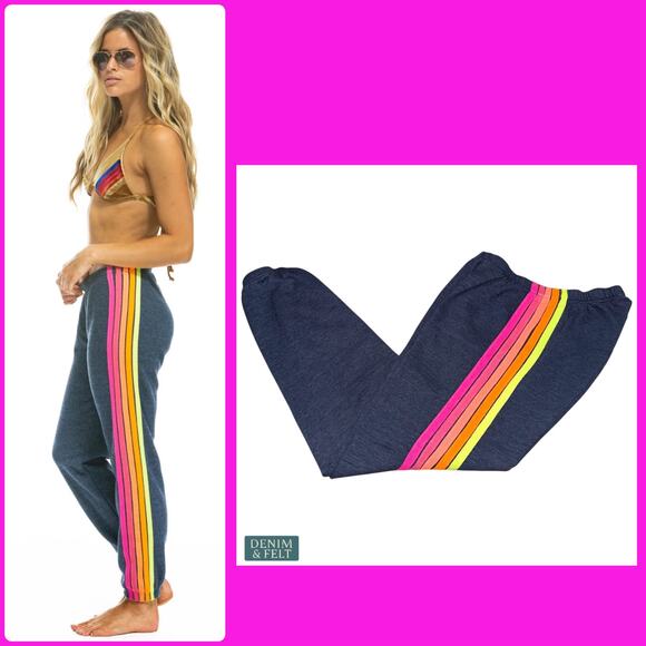 Aviator Nation 5 Stripe Jogger Sweatpants Heather Navy Neon Women’s Size Med - Picture 1 of 11